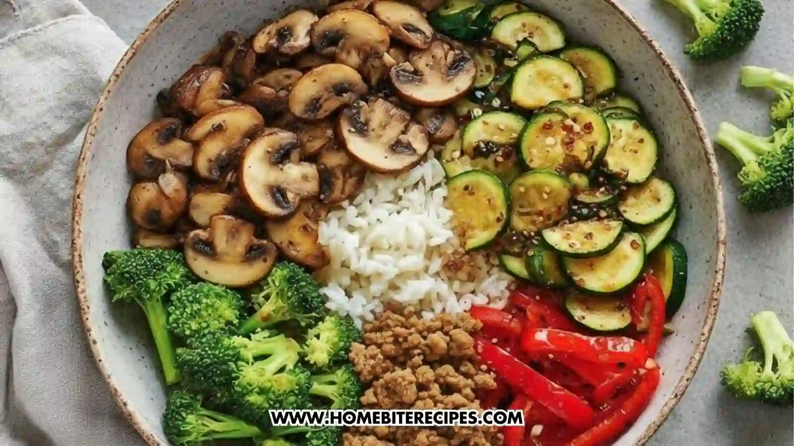A colorful rice bowl filled with sautéed mushrooms, cooked zucchini, fresh broccoli, red bell peppers, and seasoned ground beef arranged around a mound of white rice.