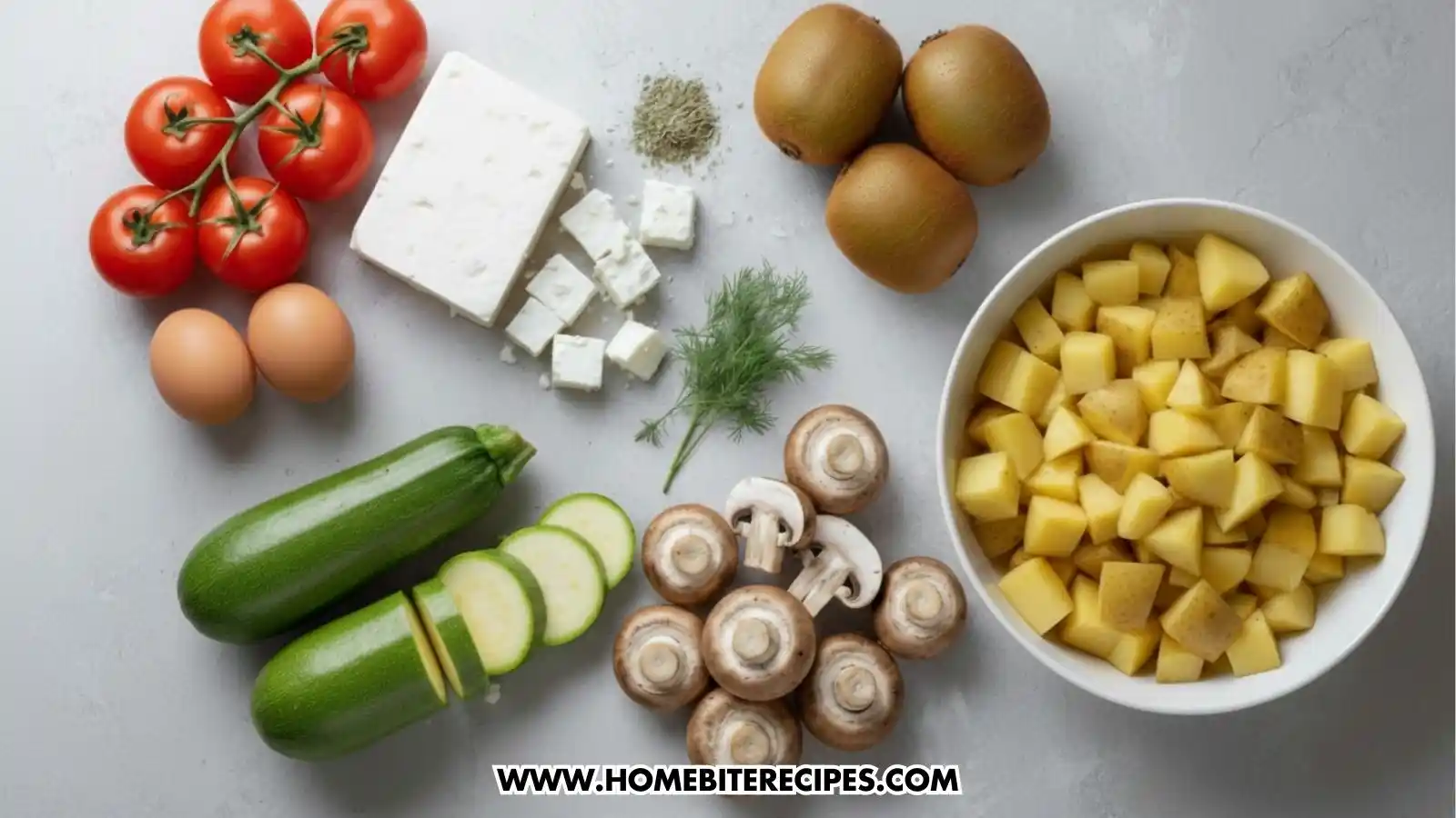 Overhead flat lay of ingredients for a healthy protein and veggie bowl on a gray background, including vine tomatoes, two eggs, a block of feta cheese (partially cubed), sliced zucchini, whole and sliced button mushrooms, a small bowl of diced yellow potatoes, three kiwi fruits, and a sprig of dill with dried herbs.