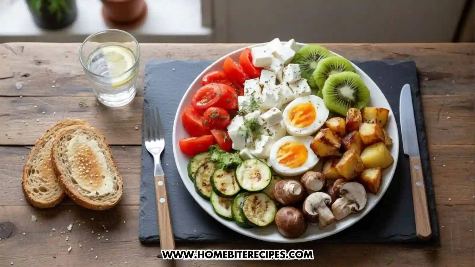 A white plate containing a healthy and colorful Healthy Protein Veggie Bowl, featuring halved soft-boiled eggs, cubed feta cheese, sliced tomatoes, grilled zucchini rounds, roasted potatoes, whole mushrooms, and sliced kiwi, served alongside two slices of toasted bread and a glass of lemon water on a dark cutting board.