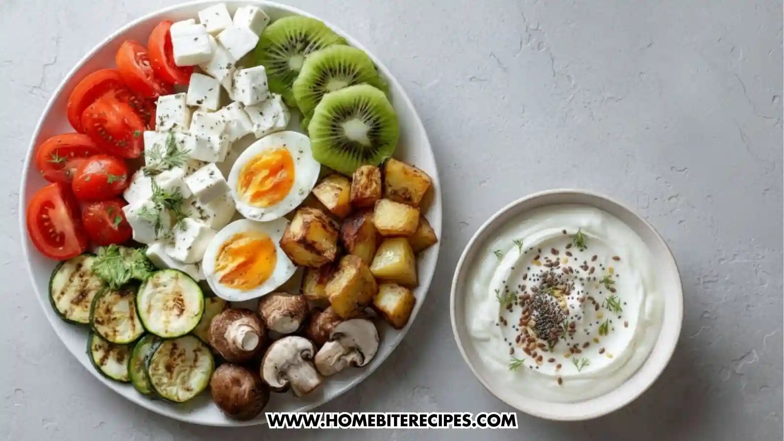 A white plate containing a healthy and colorful Healthy Protein Veggie Bowl, featuring halved soft-boiled eggs, cubed feta cheese, sliced tomatoes, grilled zucchini rounds, roasted potatoes, whole mushrooms, and sliced kiwi, served alongside a small bowl of plain Greek yogurt on the side, topped with herbs or seeds