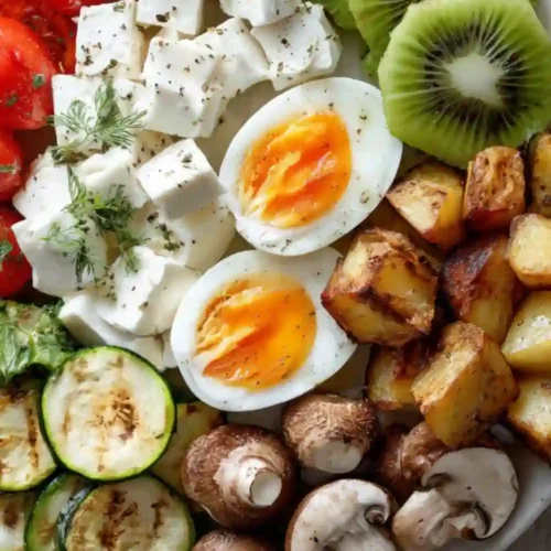 Healthy protein bowl with soft-boiled eggs, feta cheese, roasted potatoes, mushrooms, zucchini, tomatoes, and kiwi slices