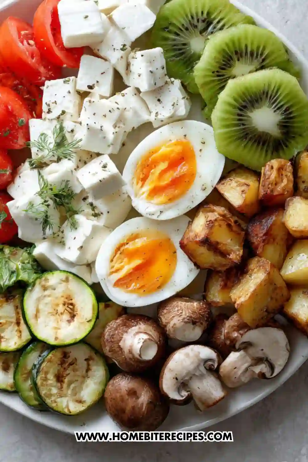 Healthy protein bowl with soft-boiled eggs, feta cheese, roasted potatoes, mushrooms, zucchini, tomatoes, and kiwi slices