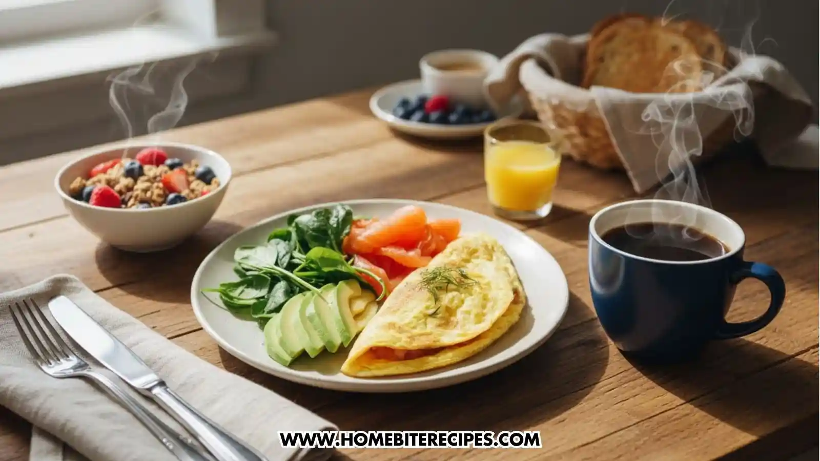 A healthy breakfast plate featuring a folded omelet, smoked salmon slices, avocado, and spinach, served with coffee and a steaming bowl of granola.