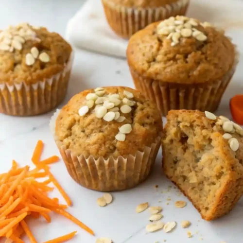 Close-up photo of freshly baked healthy carrot and oat muffins topped with oats, arranged on a white surface with shredded carrots beside them. One muffin is cut open to show the moist, tender texture inside.