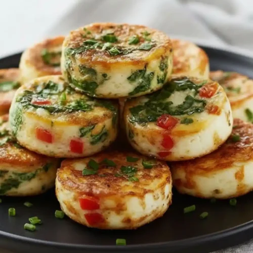 A stack of High-Protein Egg White Bites loaded with diced red vegetables, savory meat, and shredded cheese on a black plate.