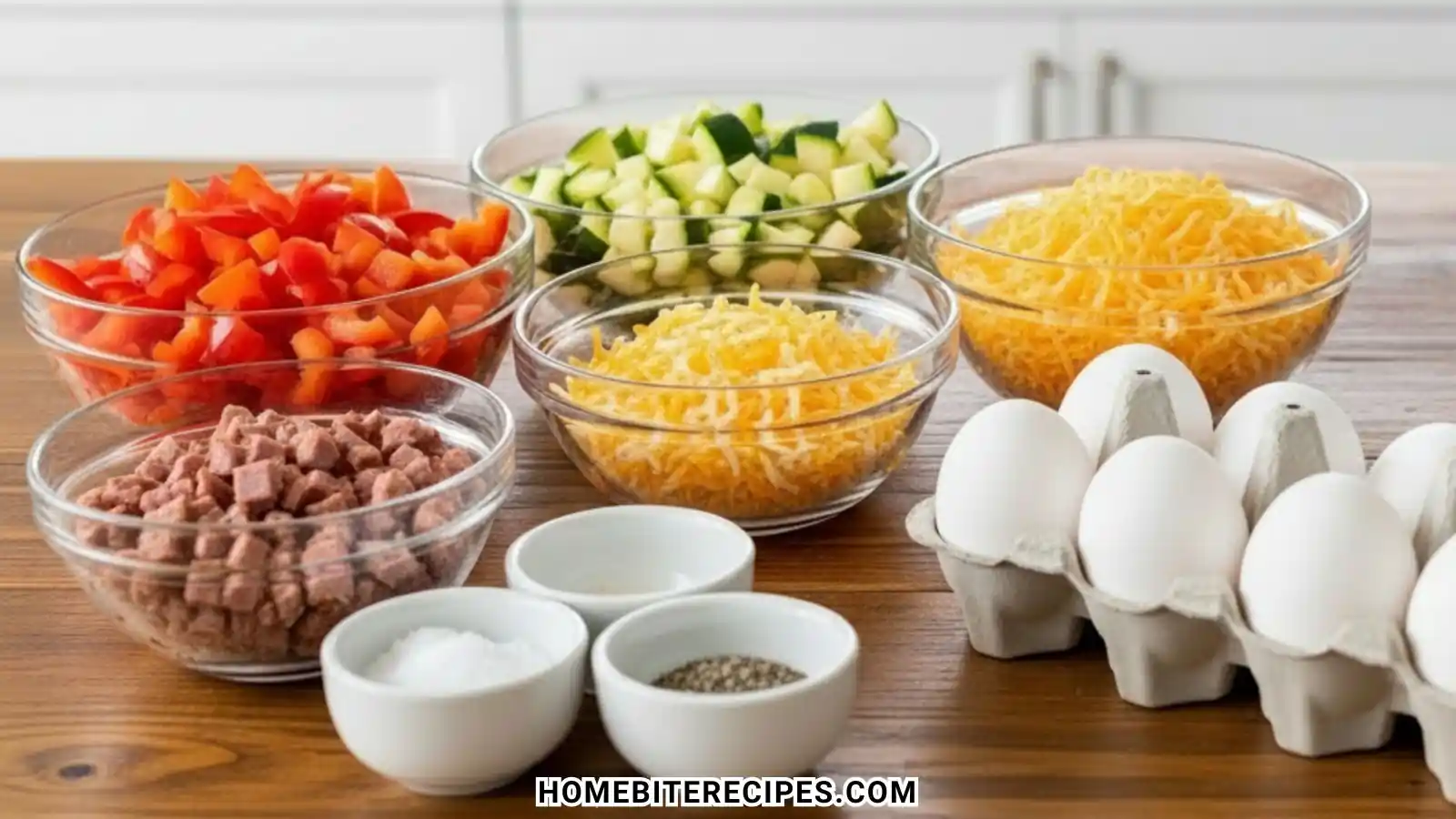 A flat-lay arrangement of bowls containing eggs, diced vegetables, shredded cheese, and cooked meat—the essential ingredients for High-Protein Egg White Bites.