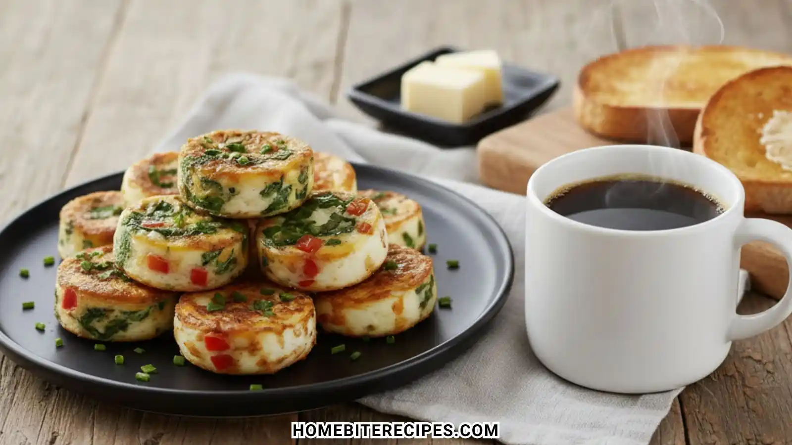 A healthy breakfast featuring High-Protein Egg White Bites served with a cup of hot black coffee, buttered toast, and butter pats