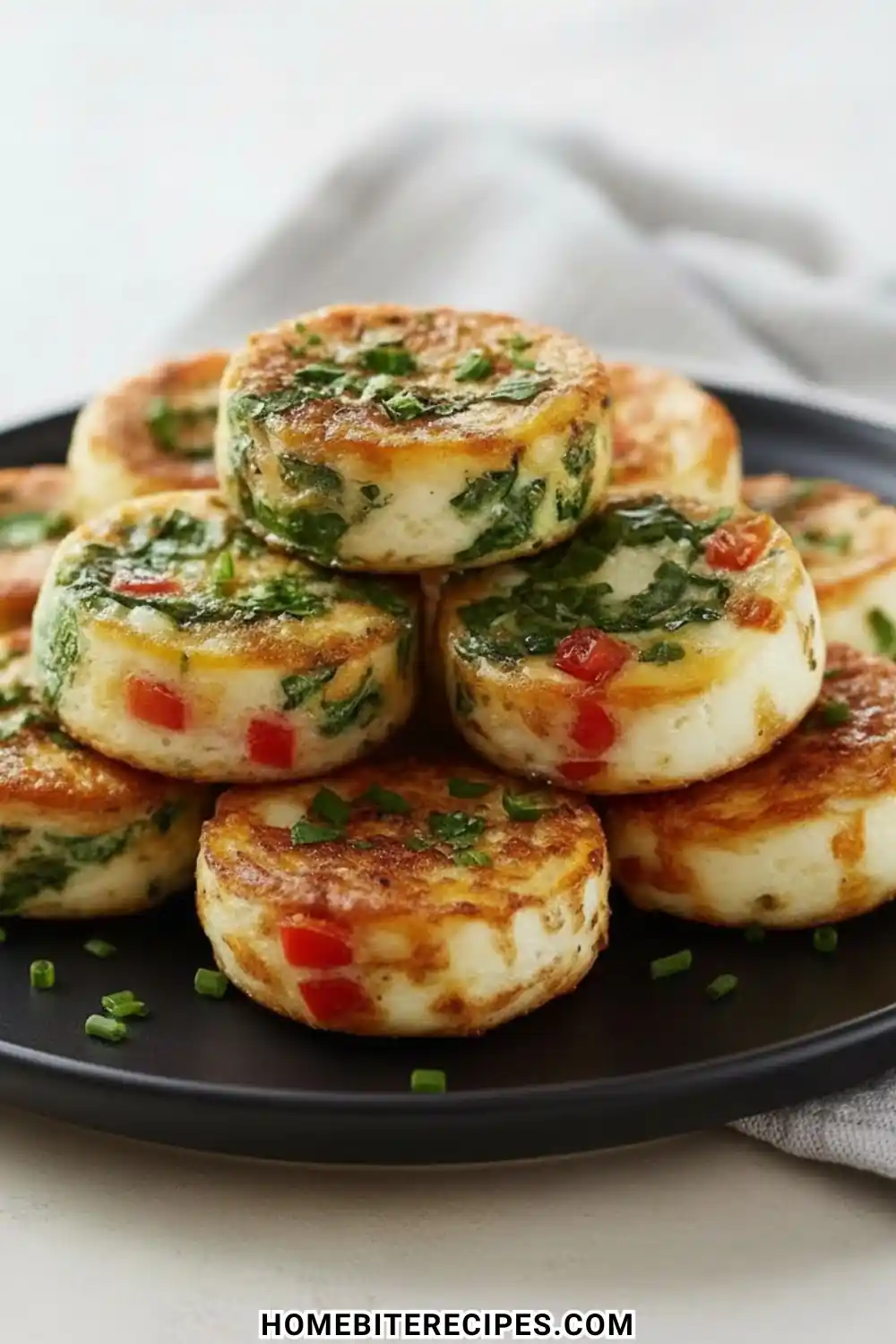 A stack of High-Protein Egg White Bites loaded with diced red vegetables, savory meat, and shredded cheese on a black plate.
