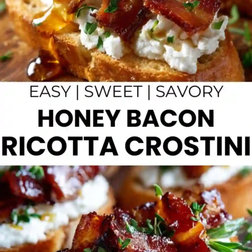 Toasted crostini topped with whipped ricotta, crispy bacon pieces, fresh herbs, and a drizzle of honey.