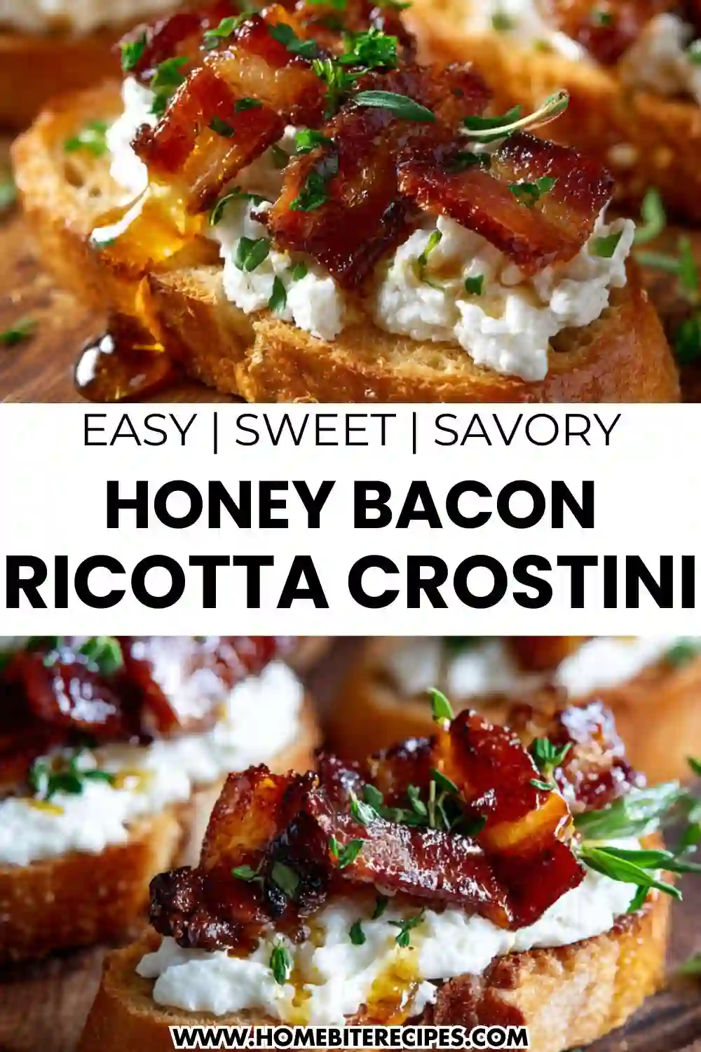 Toasted crostini topped with whipped ricotta, crispy bacon pieces, fresh herbs, and a drizzle of honey.