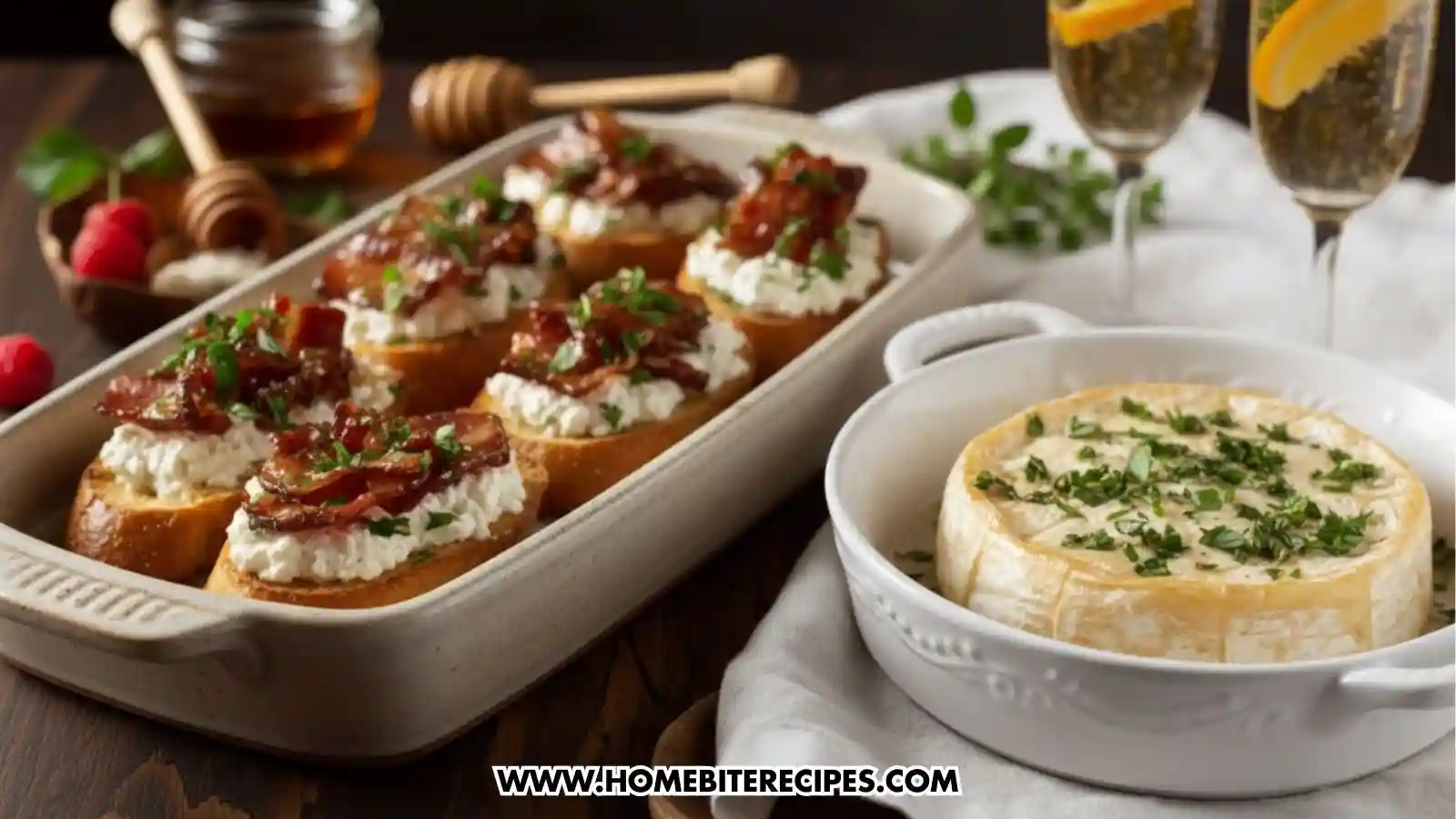 Honey Bacon Ricotta Crostini served with baked brie topped with herbs and sparkling juice blends