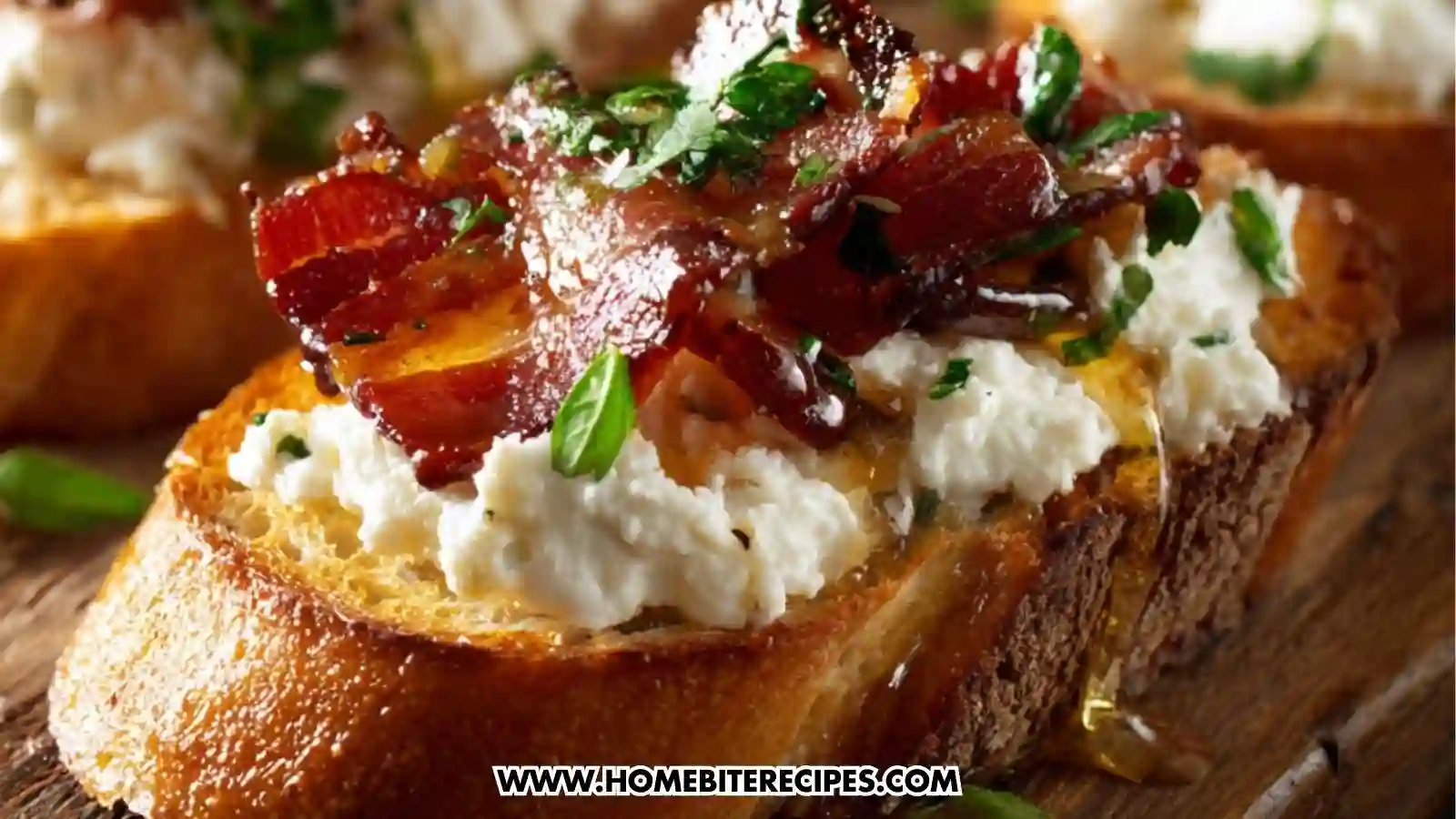 Honey Bacon Ricotta Crostini topped with whipped ricotta, crispy bacon pieces, fresh herbs, and a drizzle of honey.