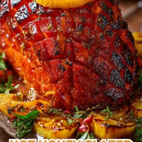 Golden hot honey–glazed ham scored in a diamond pattern, coated in a shiny caramelized glaze, and topped with thick charred pineapple rings with grill marks. The ham sits on a festive serving platter with warm lighting, surrounded by subtle garnishes like herbs and roasted vegetables.