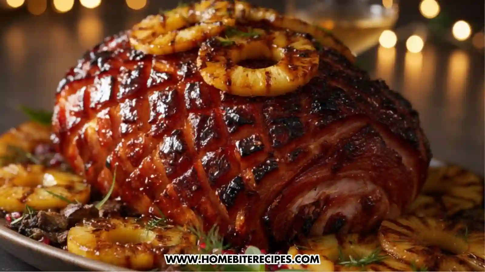 Golden hot honey–glazed ham scored in a diamond pattern, coated in a shiny caramelized glaze, and topped with thick charred pineapple rings with grill marks. The ham sits on a festive serving platter with warm lighting, surrounded by subtle garnishes like herbs and roasted vegetables.
