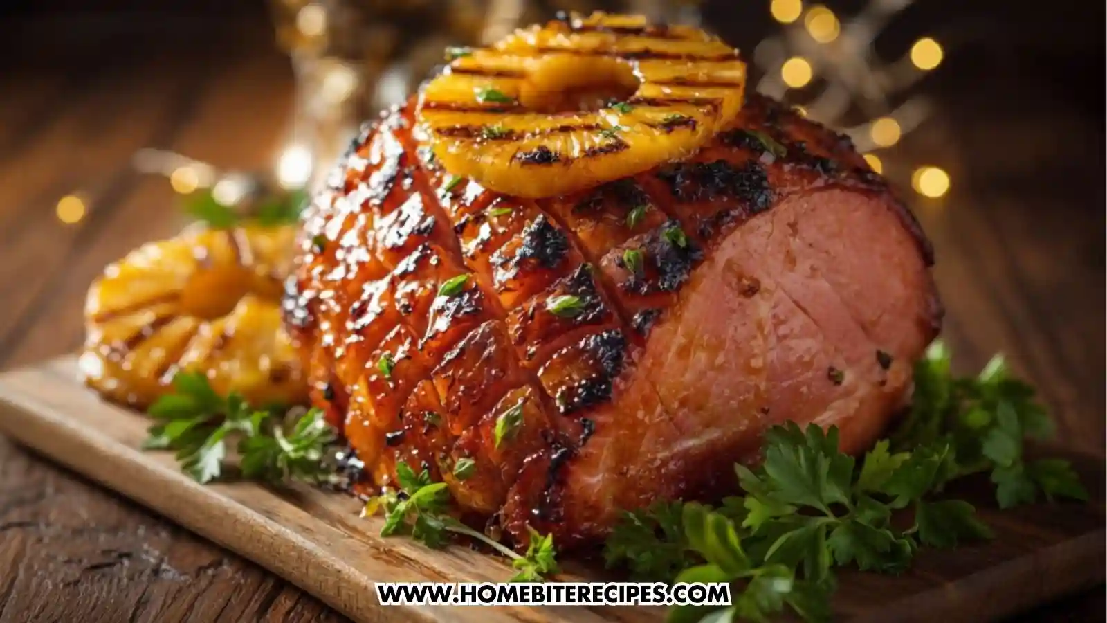 Golden hot honey–glazed ham scored in a diamond pattern, coated in a shiny caramelized glaze, and topped with thick charred pineapple rings with grill marks. The ham sits on a festive serving platter with warm lighting, surrounded by subtle garnishes like herbs and roasted vegetables.