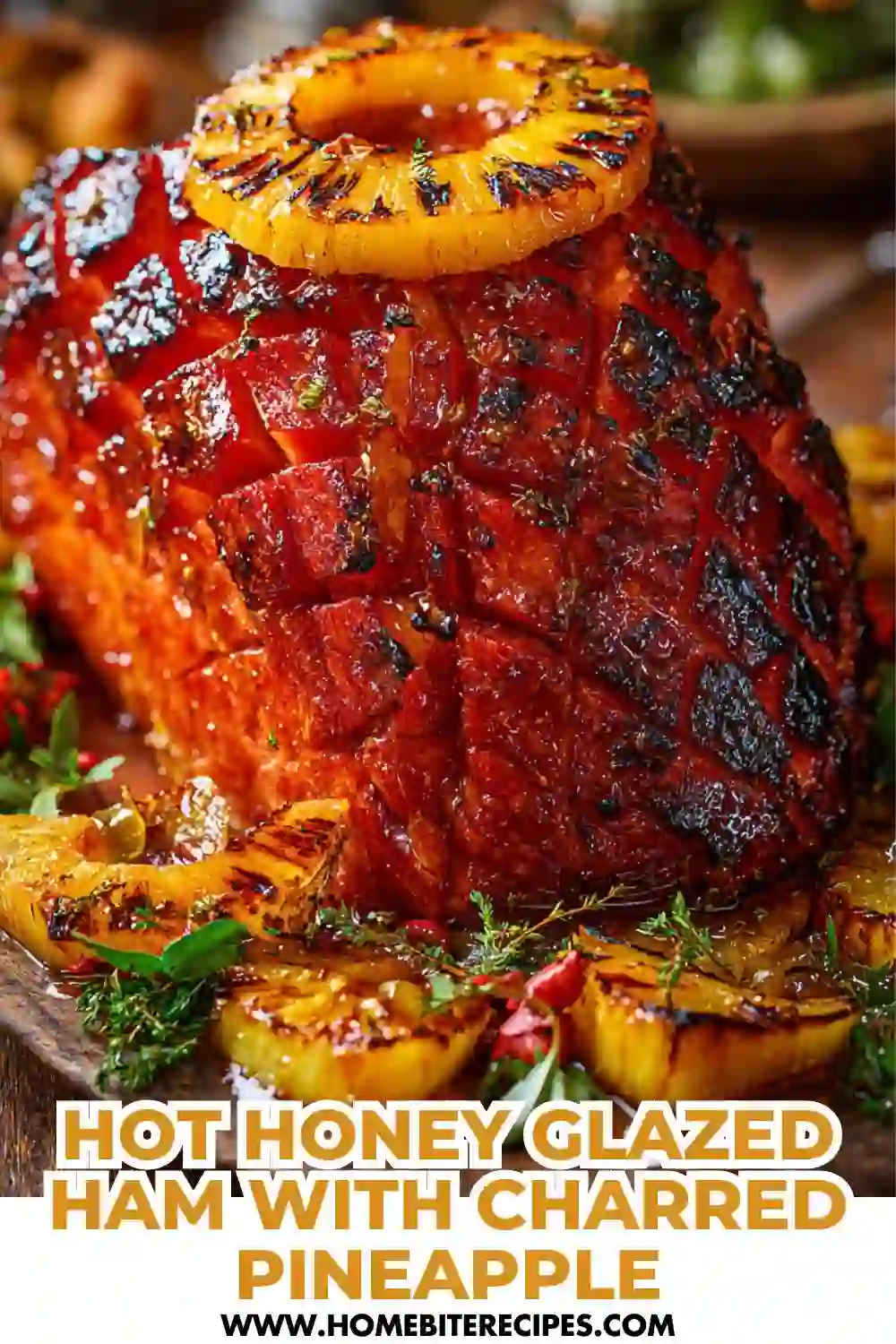 Golden hot honey–glazed ham scored in a diamond pattern, coated in a shiny caramelized glaze, and topped with thick charred pineapple rings with grill marks. The ham sits on a festive serving platter with warm lighting, surrounded by subtle garnishes like herbs and roasted vegetables.