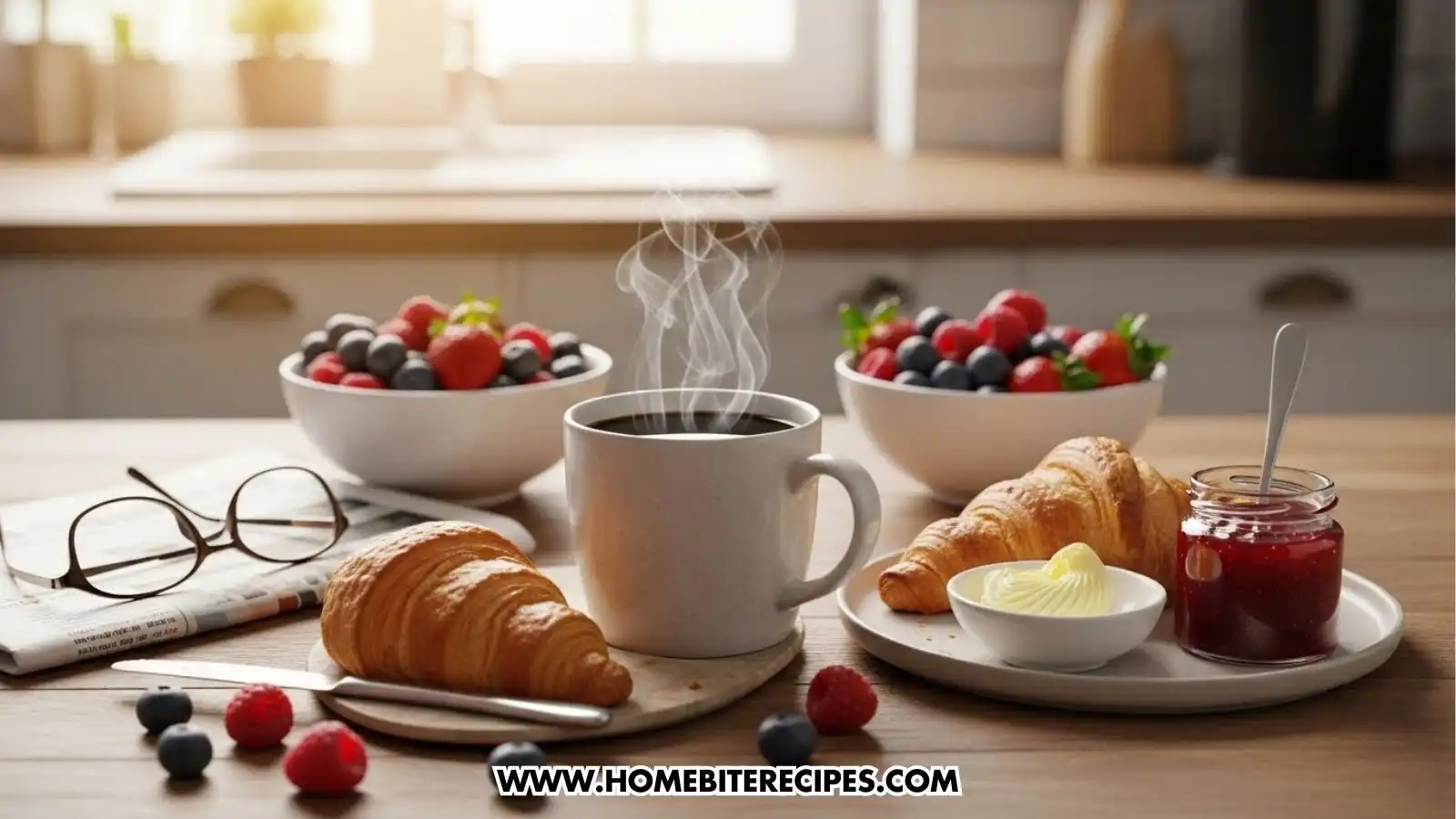 Golden, flaky French croissant served on a white plate with a glass of orange juice and a cup of coffee in the background, creating a classic Parisian breakfast scene.
