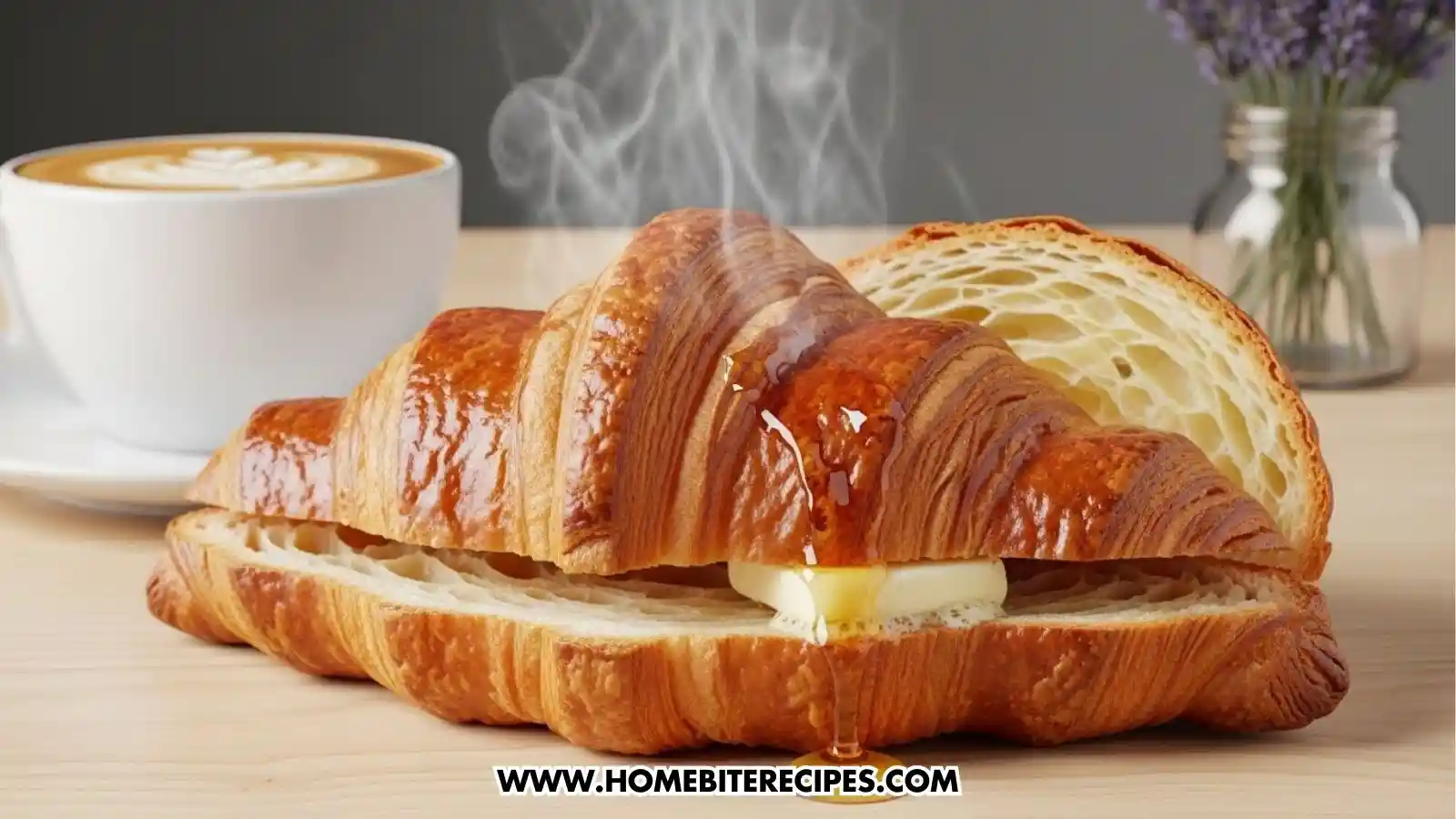 Golden, flaky and Buttery French Croissant served on a white plate with a glass of orange juice and a cup of coffee in the background, creating a classic Parisian breakfast scene.