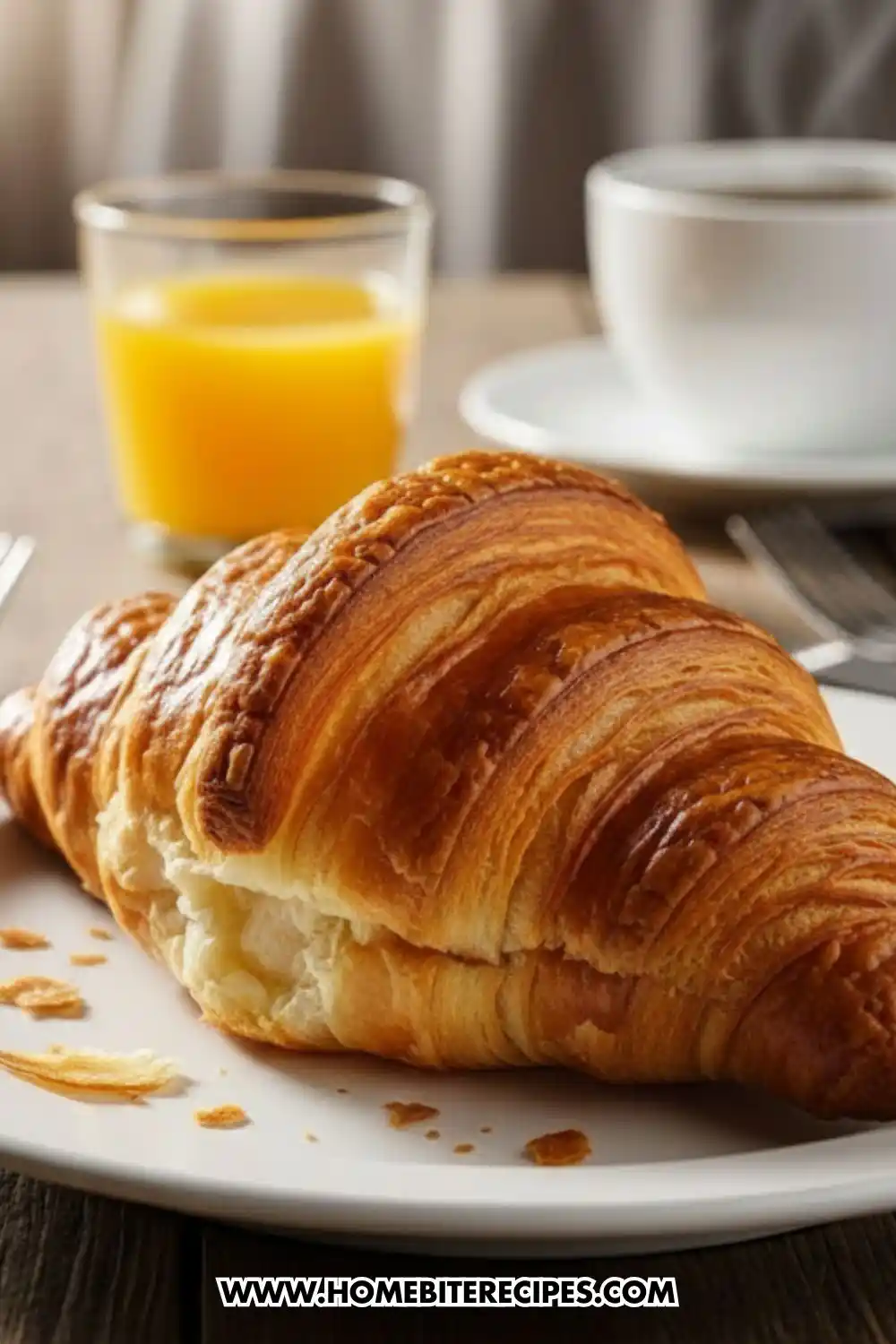 Golden, flaky French croissant served on a white plate with a glass of orange juice and a cup of coffee in the background, creating a classic Parisian breakfast scene.