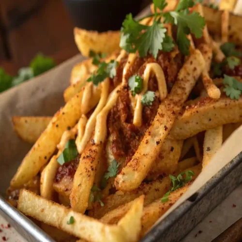 A platter of Louisiana Voodoo Fries piled high, smothered in melted cheese sauce, creamy ranch, and signature Cajun seasoning.