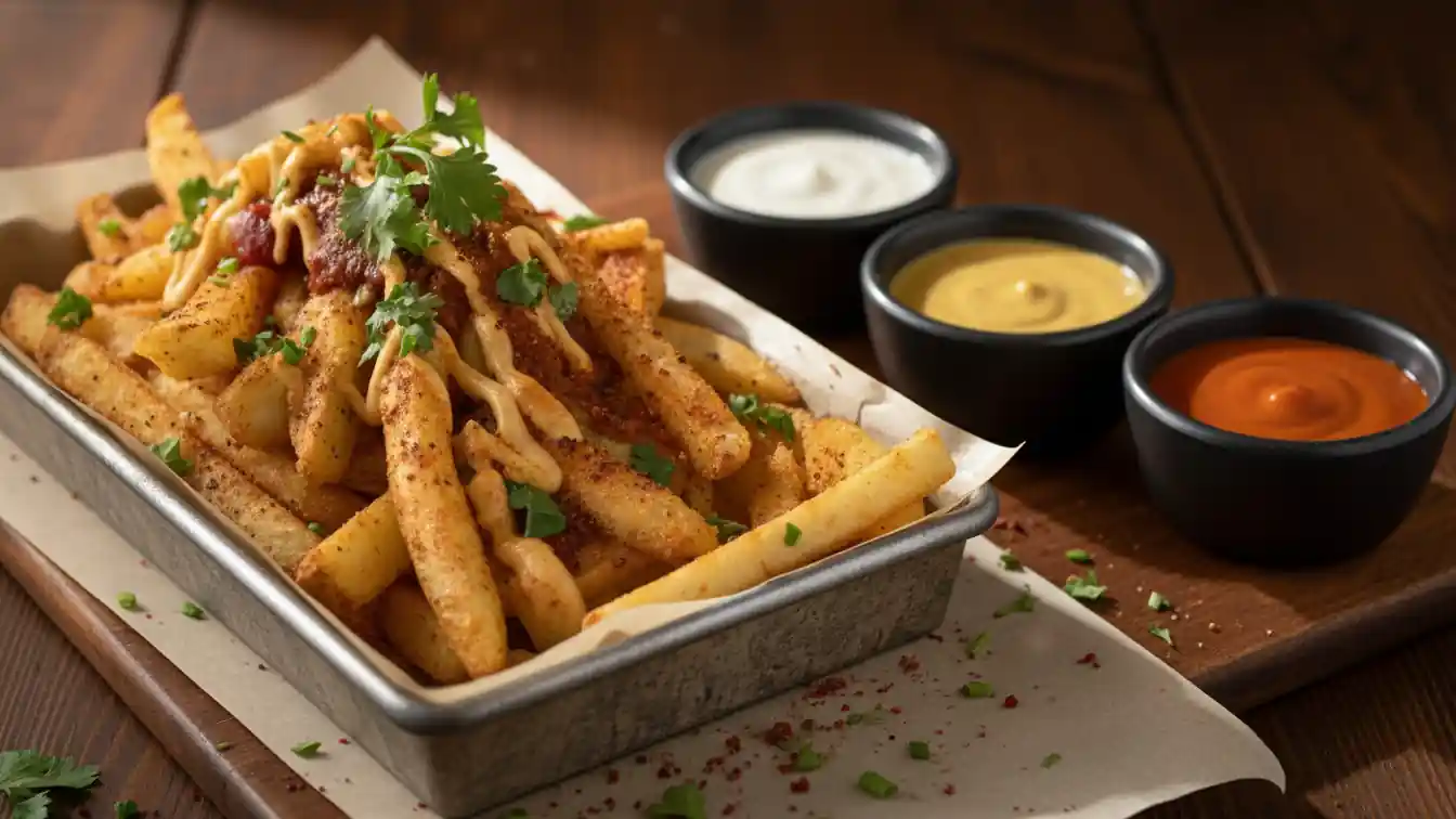 A tray of heavily seasoned Louisiana Voodoo Fries drizzled with sauce and cilantro, served with three dipping sauces.