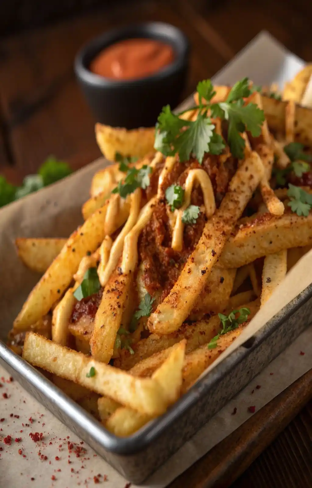 A platter of Louisiana Voodoo Fries piled high, smothered in melted cheese sauce, creamy ranch, and signature Cajun seasoning.