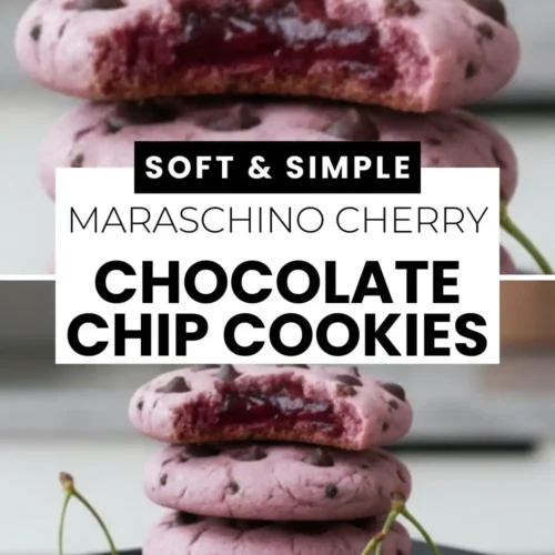 A vertical graphic featuring a stack of pink chocolate chip cookies with a red cherry filling, with text overlaying the center.