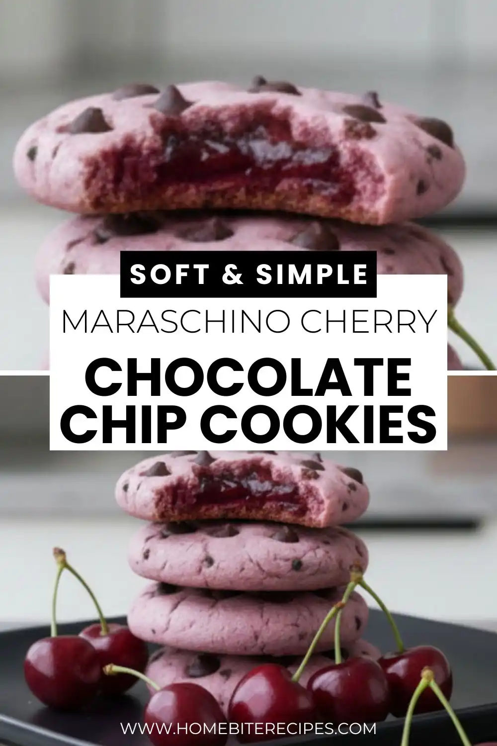 A vertical graphic featuring a stack of pink chocolate chip cookies with a red cherry filling, with text overlaying the center.