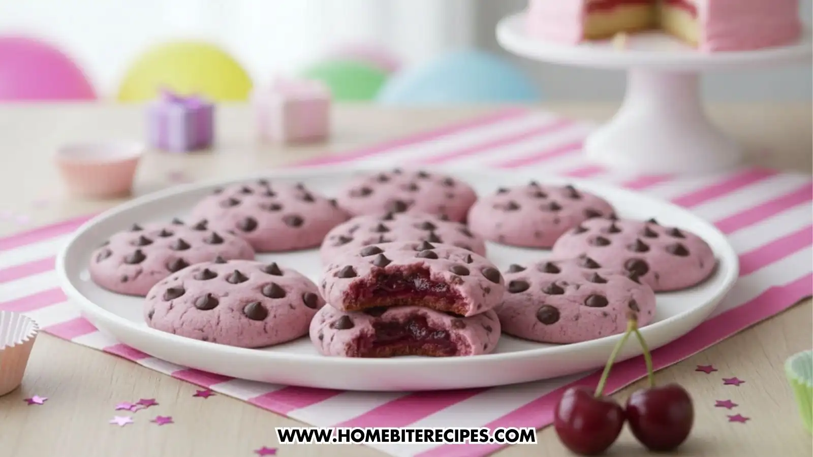 A white plate filled with soft pink chocolate chip cookies, including one broken in half to show a dark red cherry jam filling, garnished with fresh whole cherries.