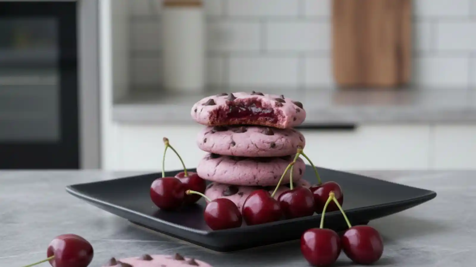 A close up stack of pink Maraschino Cherry Chocolate Chip Cookies on a black plate, with the top cookie bitten to show a gooey cherry center.