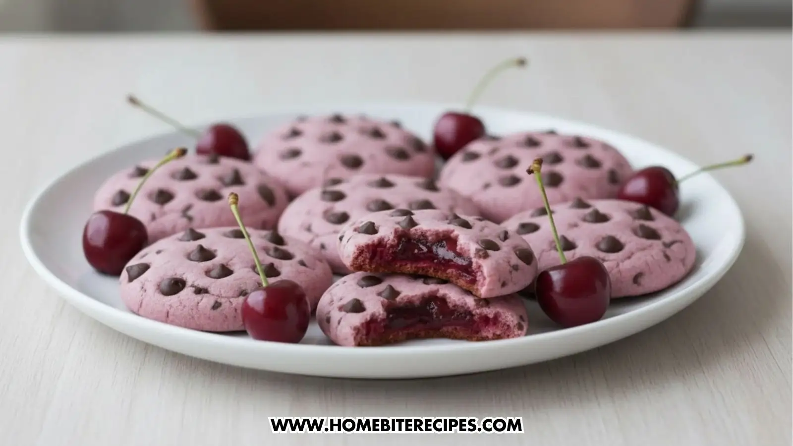 A white plate filled with soft pink chocolate chip cookies, including one broken in half to show a dark red cherry jam filling, garnished with fresh whole cherries.
