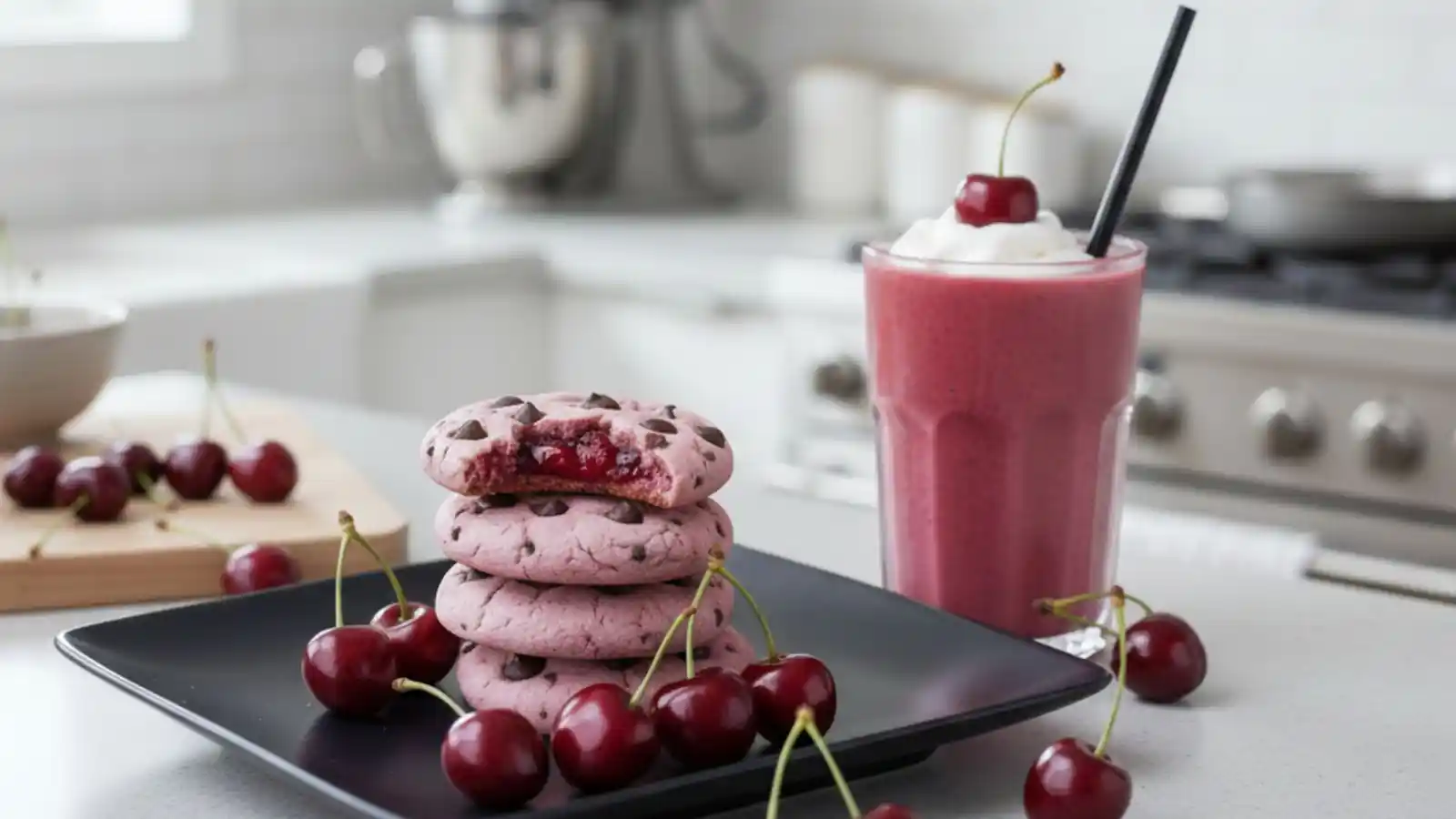 A stack of pink Maraschino Cherry Chocolate Chip Cookies served with a matching cherry smoothie in a bright kitchen.