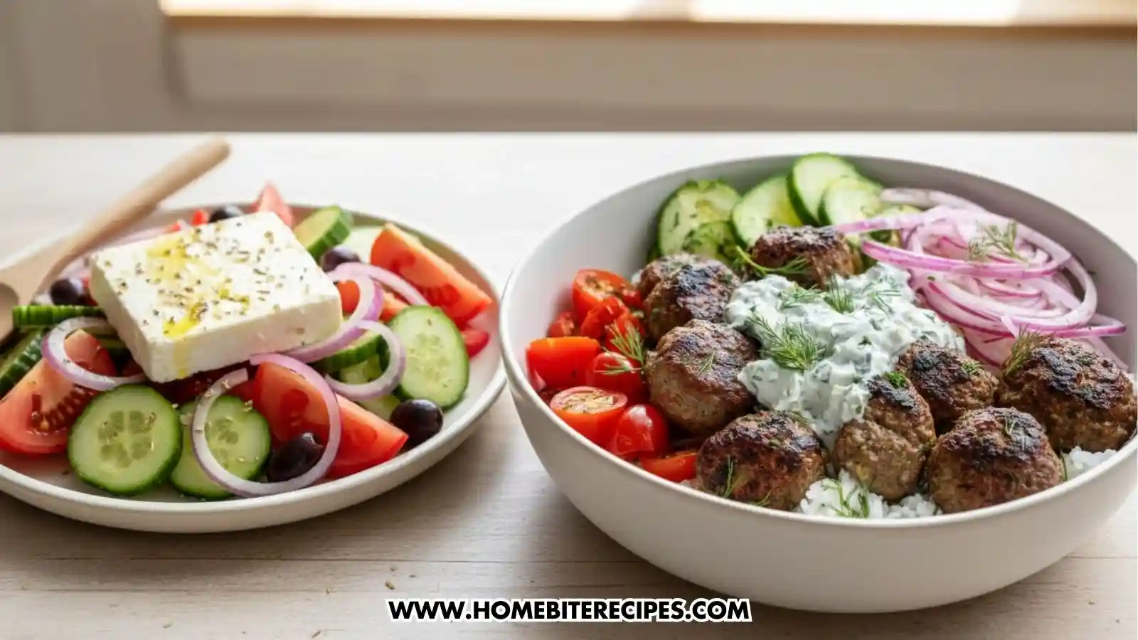 Mediterranean Meatball Bowl served with a classic Greek-style salad with cucumbers, tomatoes, onions, and a simple olive oil dressing
