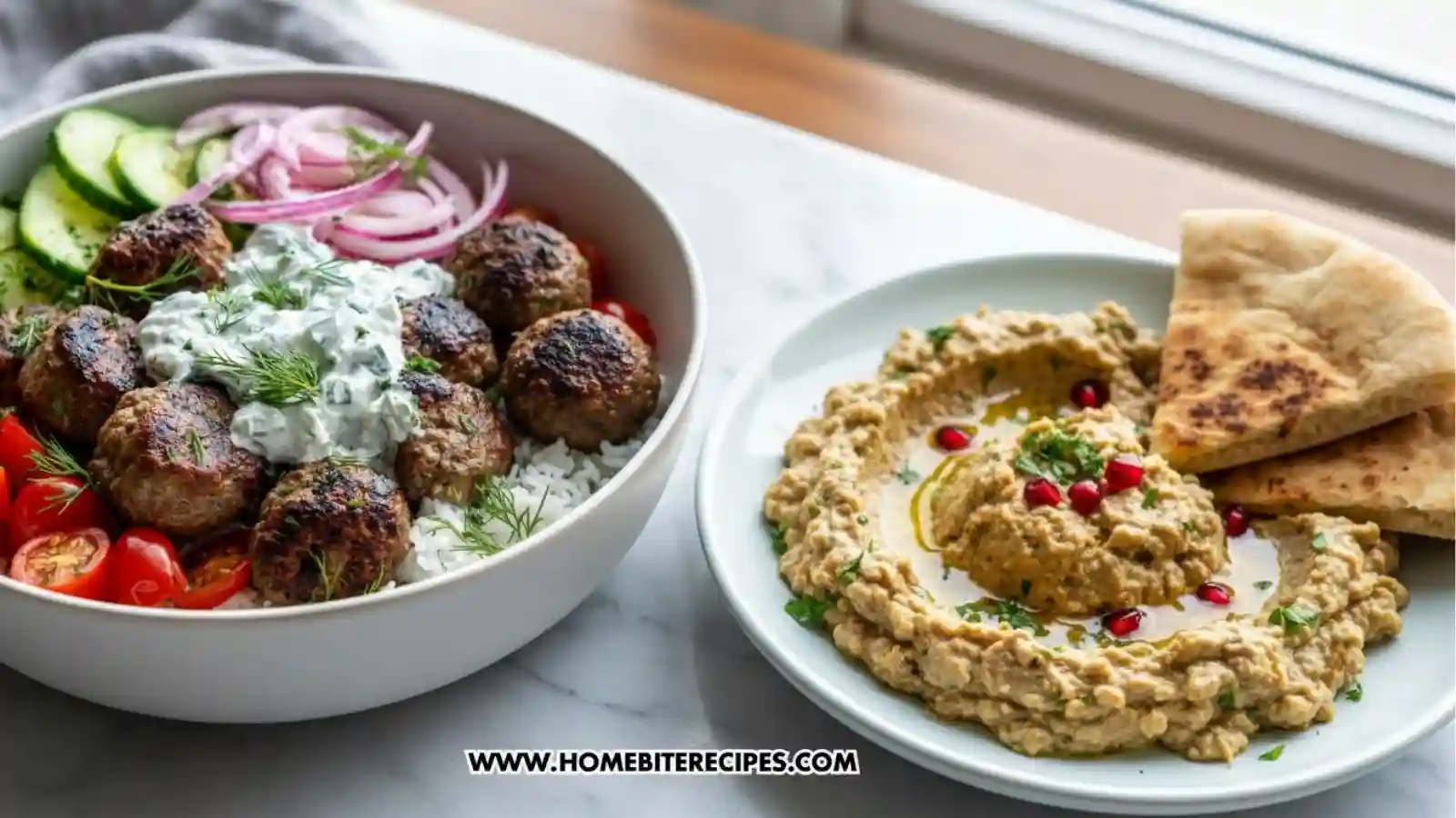Mediterranean Meatball Bowl served with a plate of baba ganoush
