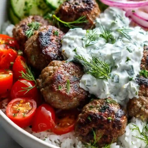 A colorful Mediterranean meatball bowl filled with juicy seared meatballs, creamy tzatziki, fresh cherry tomatoes, sliced cucumbers, pickled red onions, and fluffy white rice, garnished with fresh dill.