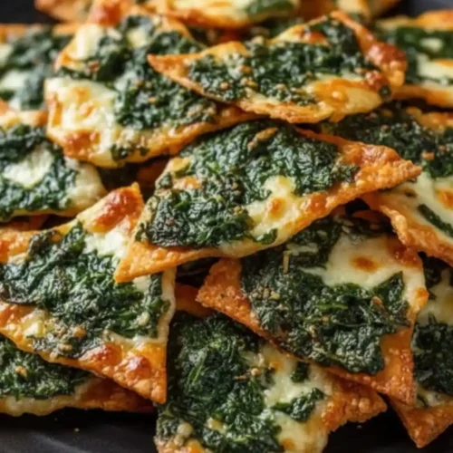 A stack of triangular Mediterranean Spinach and Feta Cheese Crisps topped with vibrant green spinach and melted white cheese on a black plate.