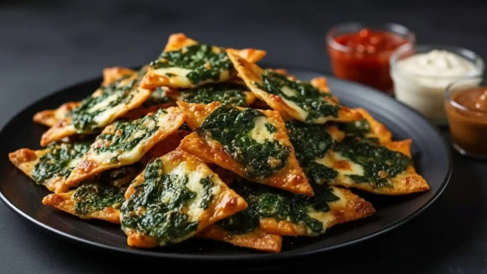 A stack of triangular Mediterranean Spinach and Feta Cheese Crisps topped with vibrant green spinach and melted white cheese on a black plate with sauces aside