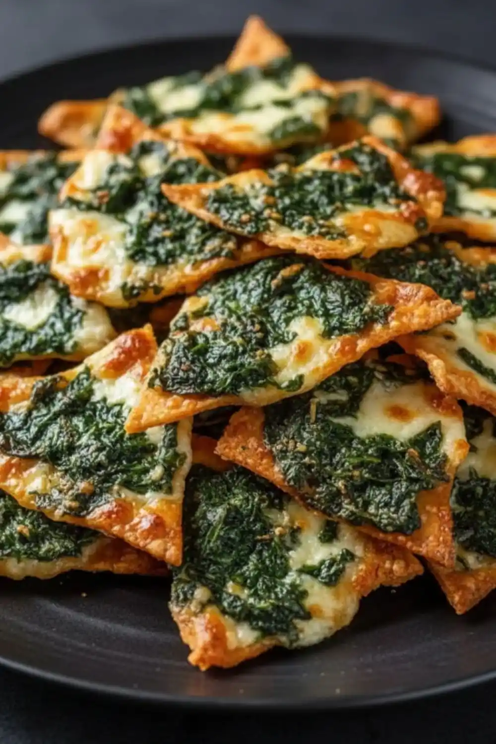 A stack of triangular Mediterranean Spinach and Feta Cheese Crisps topped with vibrant green spinach and melted white cheese on a black plate.