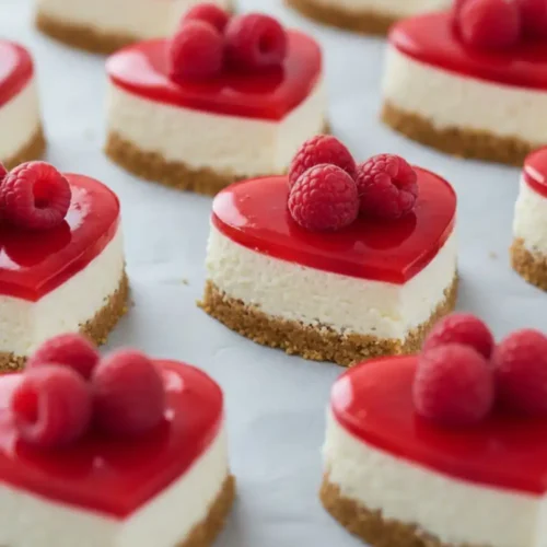 Heart-shaped raspberry cheesecake bites with a biscuit crust, creamy cheesecake layer, glossy raspberry topping, and fresh raspberries on top, arranged on parchment paper.