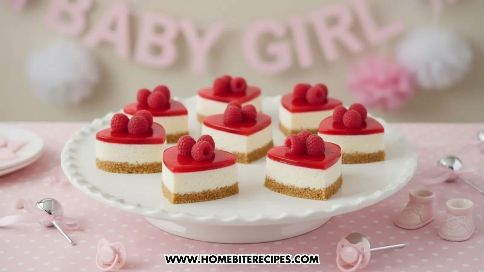 A white scalloped cake stand holds eight heart-shaped mini cheesecakes with golden crusts, creamy white filling, and a bright red raspberry glaze topped with fresh raspberries. The background features a "BABY GIRL" banner and pink baby-themed decor.