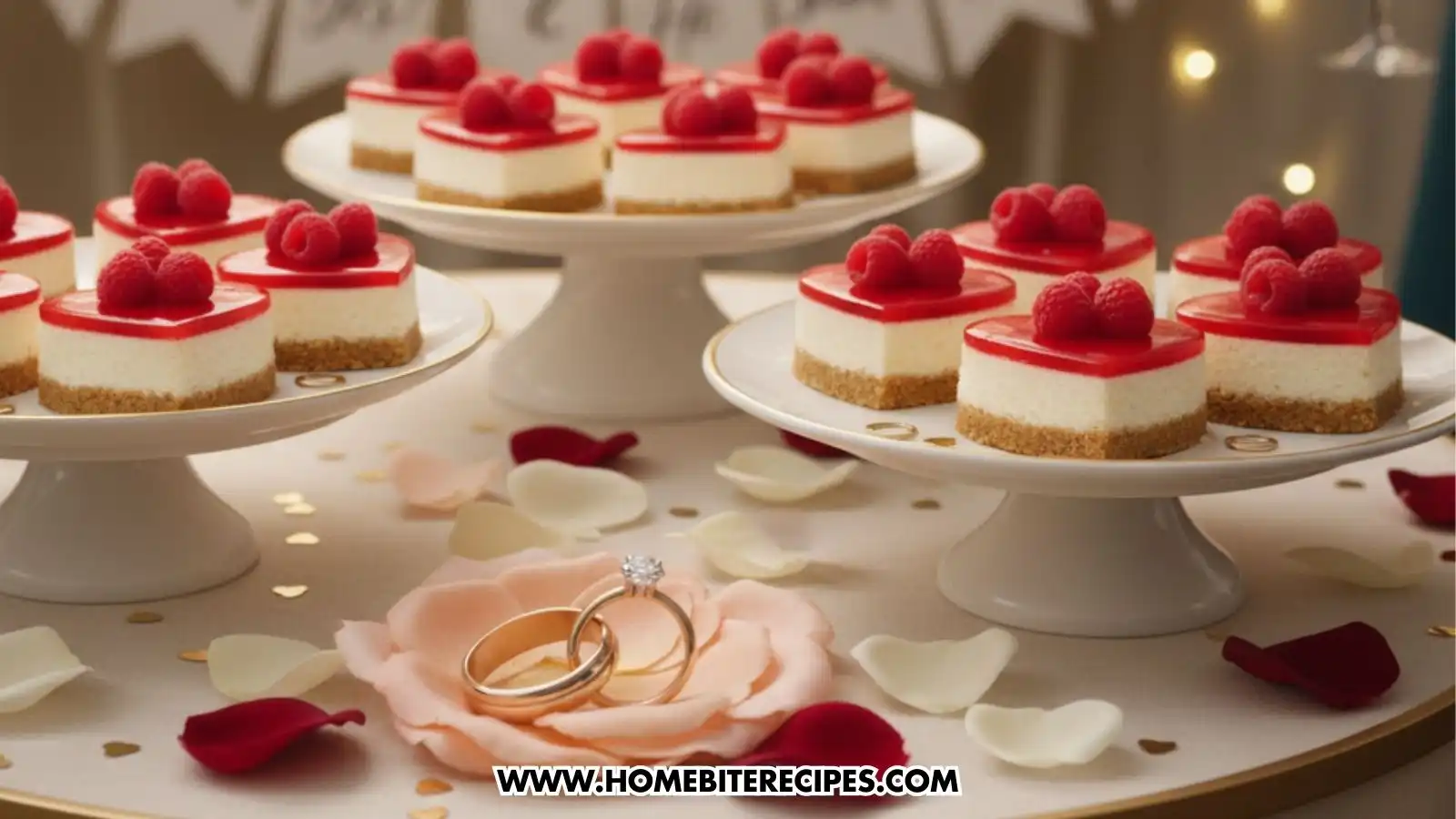 Multiple tiered white platters display heart-shaped raspberry cheesecake bites. In the foreground, a pair of gold wedding rings rests on a peach-colored silk flower petal, surrounded by scattered white and red rose petals.