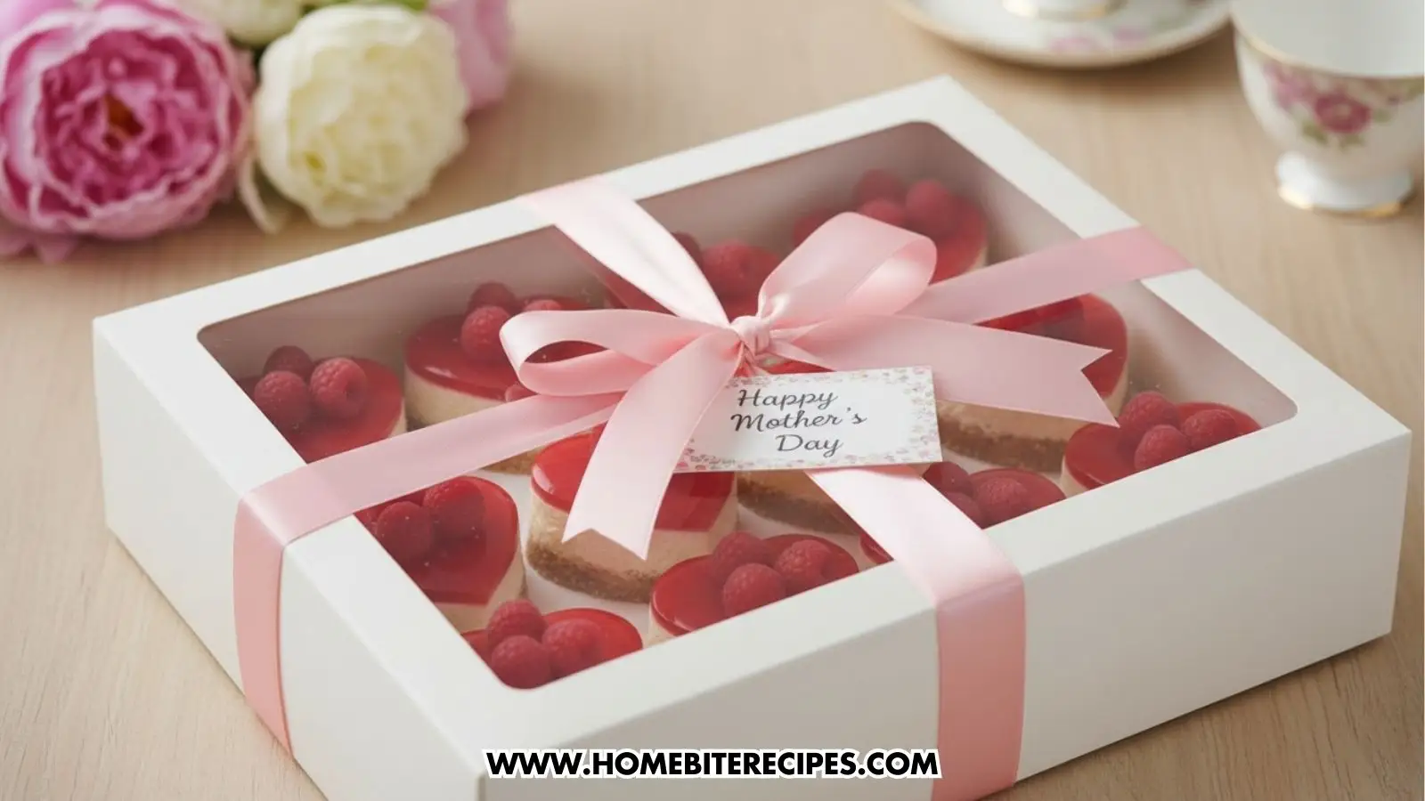 A white bakery gift box with a clear window reveals a dozen heart-shaped Mini Raspberry Cheesecake Bites. The box is tied with a light pink satin ribbon and includes a small card that reads "Happy Mother’s Day."