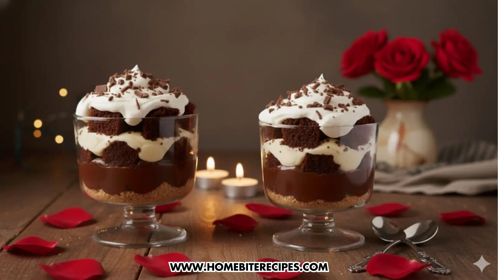 An image of two romantic, no-bake chocolate dessert cups served in stemmed glasses on a wooden table. Each glass is layered with a graham cracker crust, thick chocolate pudding, cubes of chocolate cake, and whipped cream, topped with chocolate shavings. The background is softly lit with candles, rose petals scattered on the table, and a vase of red roses, creating an intimate atmosphere.