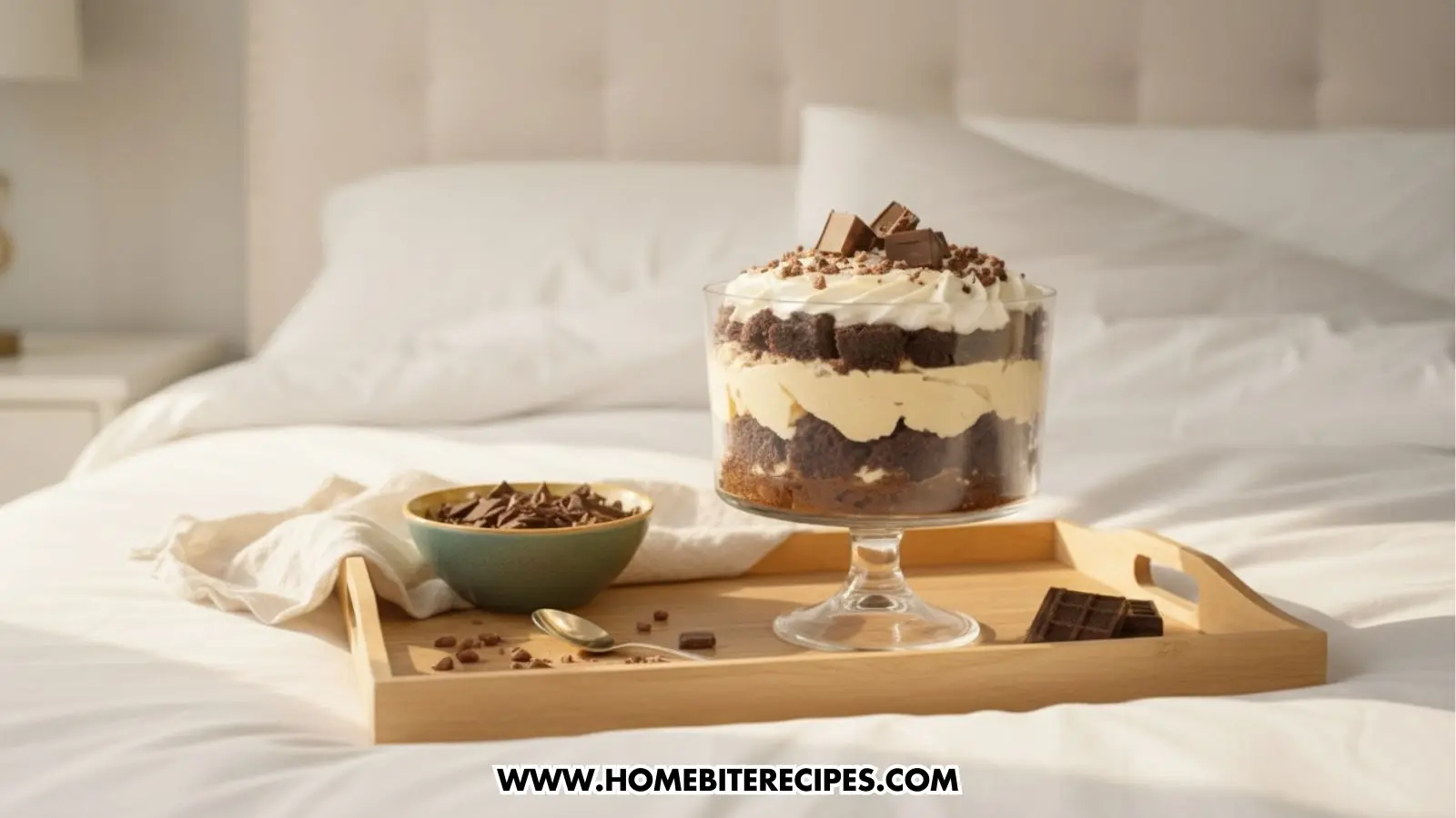 A large, no-bake chocolate trifle dessert served in a stemmed glass bowl, presented on a wooden tray atop a white bed. The dessert features distinct layers of chocolate cake, creamy filling, and whipped cream, topped with chocolate chunks and shavings. A small bowl of extra chocolate pieces, a spoon, and a piece of dark chocolate bar accompany the trifle on the tray, set against a bright, airy bedroom background.