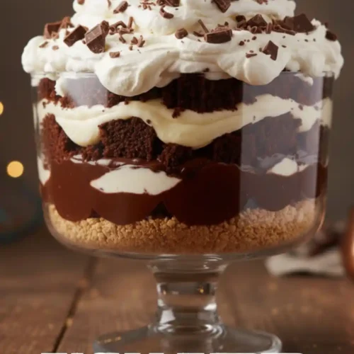 Layered no-bake chocolate dessert cup with chocolate cake crumbs, creamy vanilla and chocolate layers, topped with whipped cream and chocolate shavings in a glass dish.