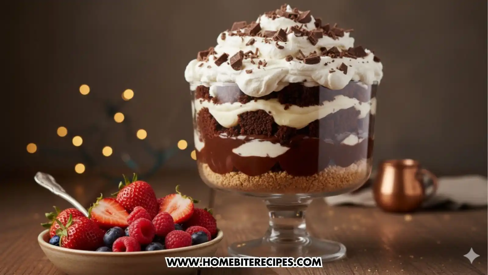 Layered no-bake chocolate dessert cup with chocolate cake crumbs, creamy vanilla and chocolate layers, topped with whipped cream and chocolate shavings in a glass dish served with a bowl of fresh berries such as strawberries and raspberries