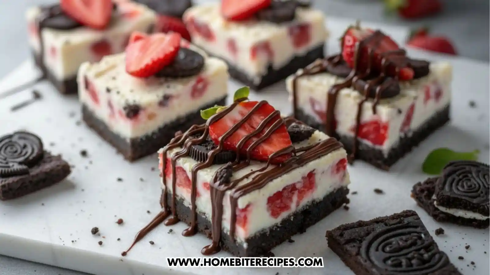 A close-up, high-angle shot of several square No-Bake Strawberry Oreo Cheesecake bars on a white marble surface. The bars feature a dark chocolate Oreo crust, a thick white creamy filling packed with fresh strawberry chunks, and are topped with a strawberry slice, a mini Oreo, and a generous drizzle of dark chocolate syrup.