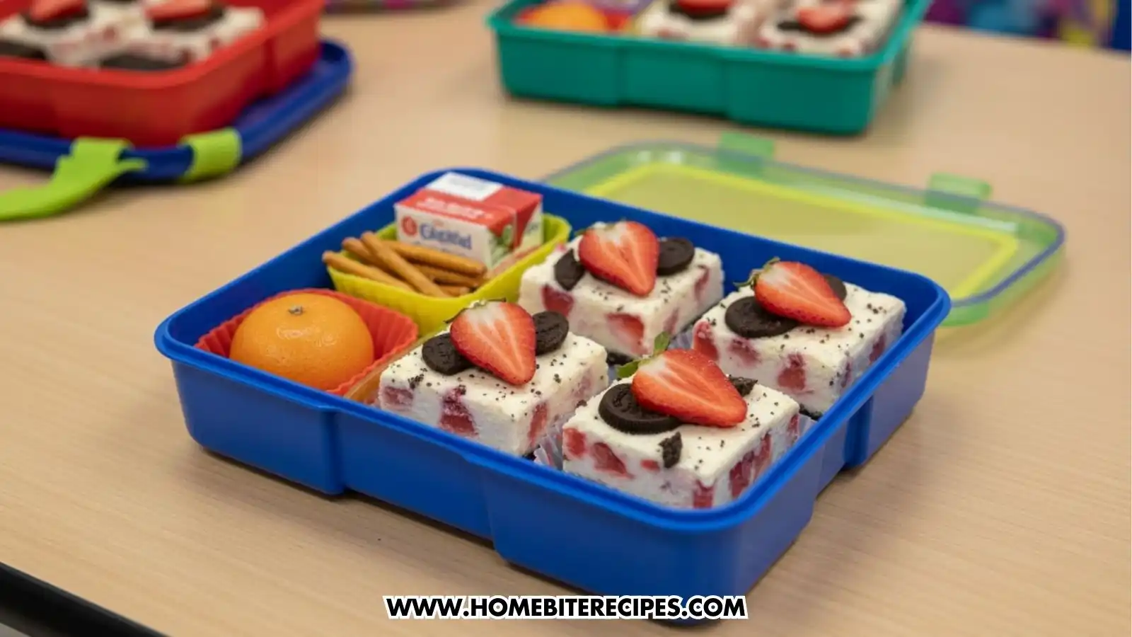 A bright blue bento-style lunch box sitting on a wooden table. Inside one large compartment are four square strawberry Oreo cheesecake bars, each garnished with a strawberry half and an Oreo piece. Other compartments contain a small orange, pretzel sticks, and a small juice box, suggesting a kid-friendly treat.