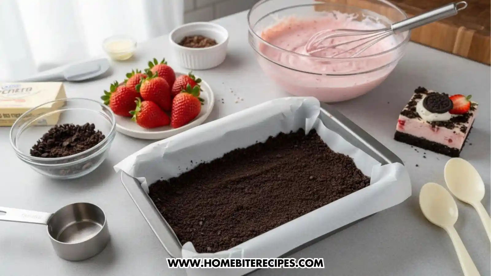 A kitchen counter showing the assembly of cheesecake bars. In the center is a rectangular baking pan lined with parchment paper and a pressed Oreo cookie crust. Surrounding the pan are bowls of fresh strawberries, crushed Oreos, a large bowl of pink strawberry cream cheese filling with a whisk, and a single finished cheesecake bar as a reference.