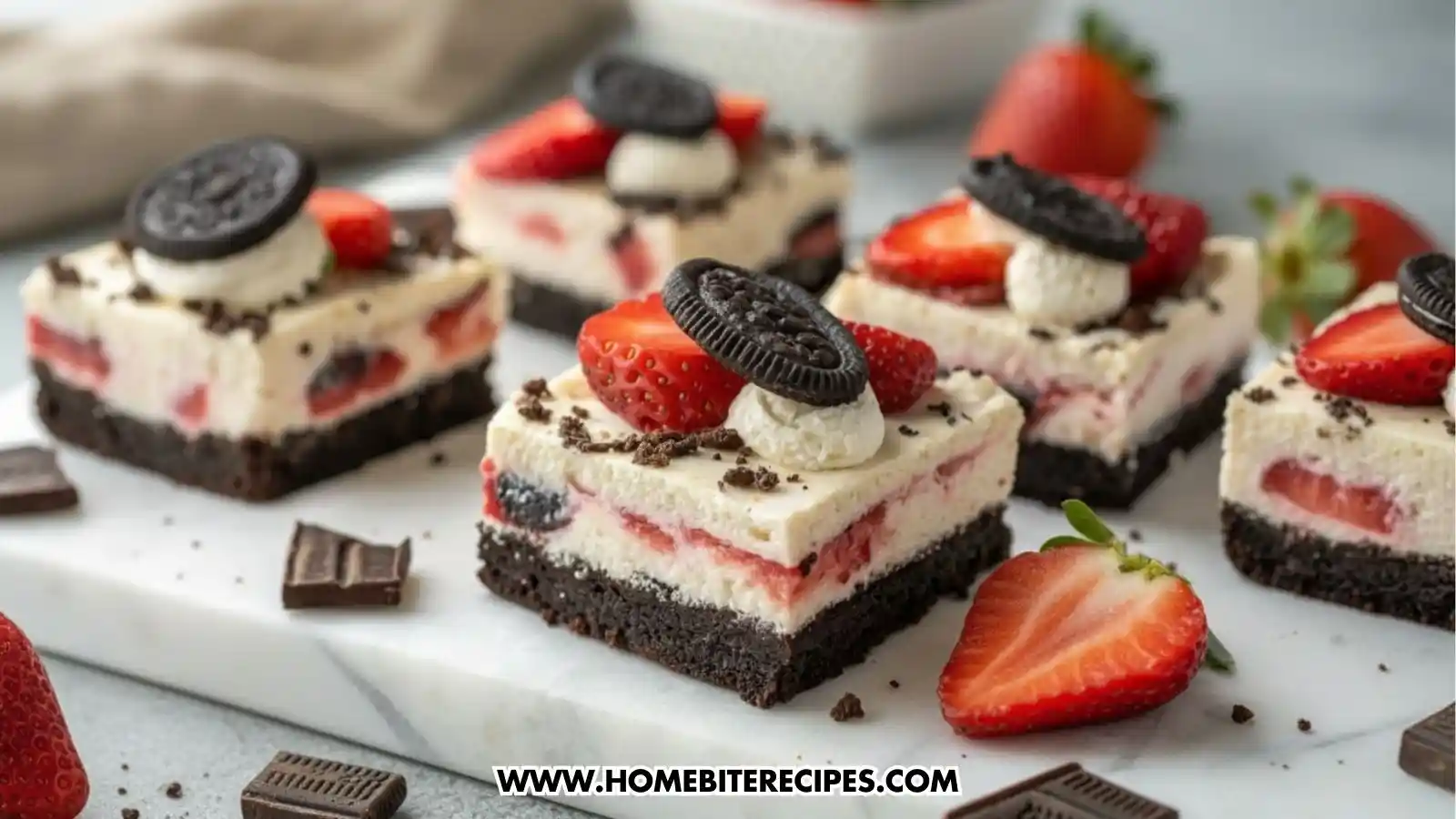 No bake strawberry Oreo cheesecake bars with a dark cookie crust, creamy cheesecake filling, fresh strawberries, and Oreo topping.